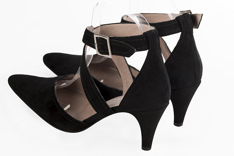Matt black women's open side shoes, with crossed straps. Tapered toe. High slim heel. Rear view - Florence KOOIJMAN